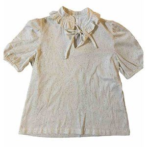 Vintage Ruffle Collar Short Sleeve V Neck Tie Ribbed Cream Brown Flecks S/M Y2k